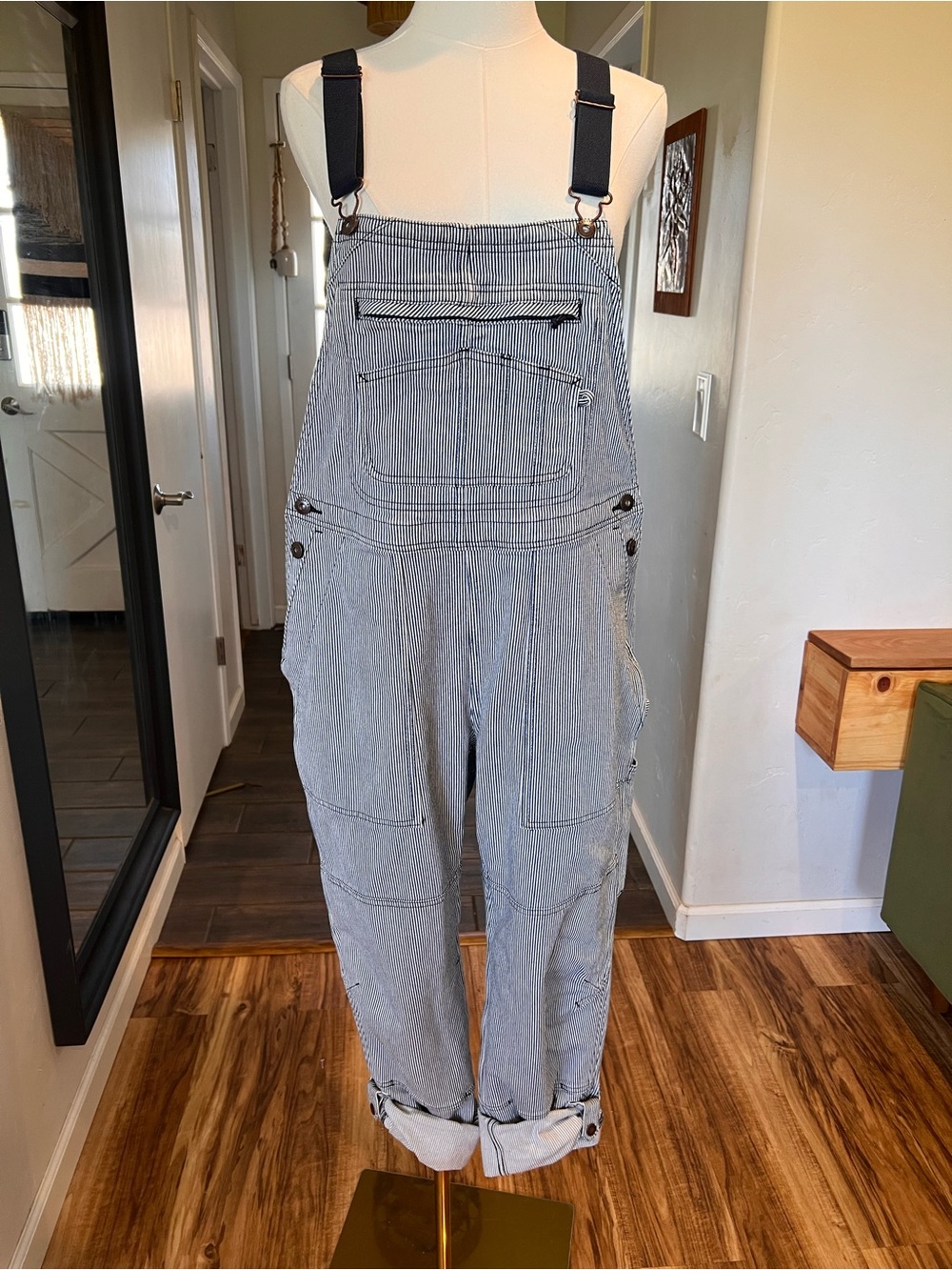 Duluth Trading Co. Striped Cotton Work Overalls in Blue and White
